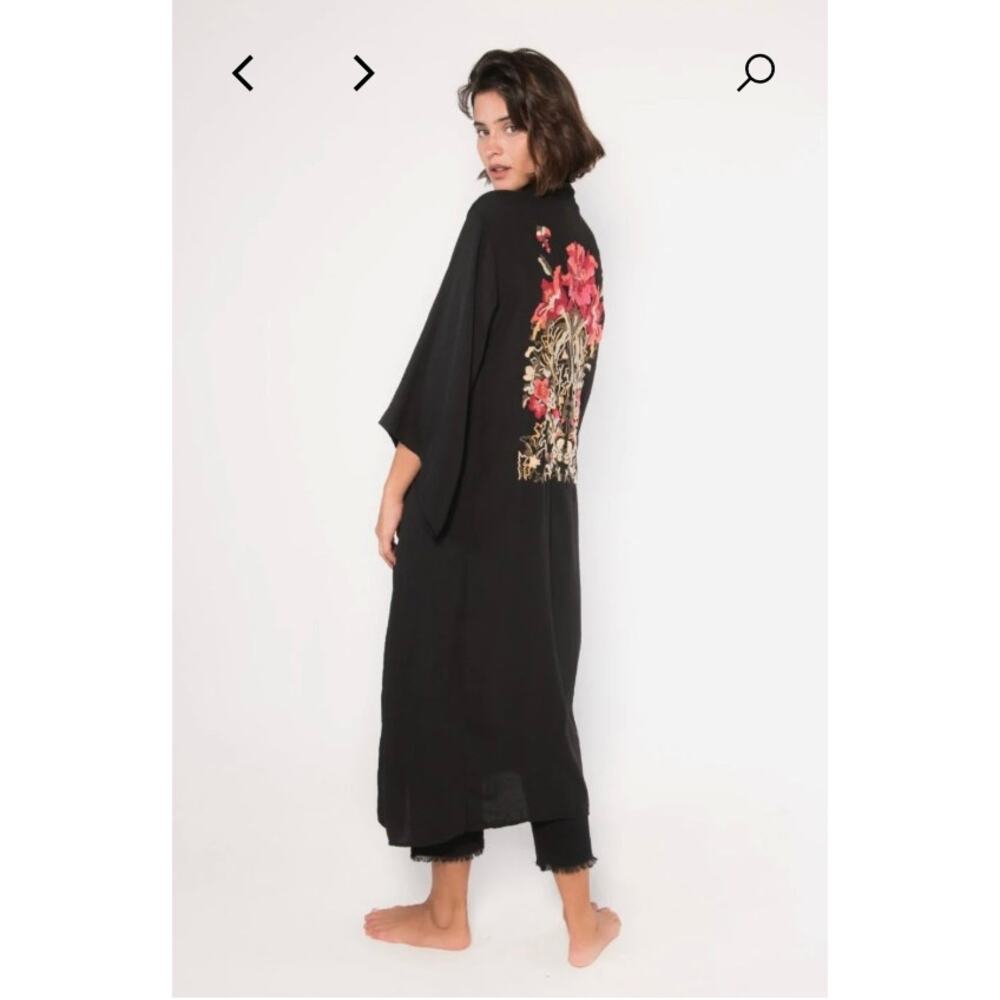 La Troupe Black Linen HAND Embroidered Floral Kimono Duster Jacket Boho Size 2
